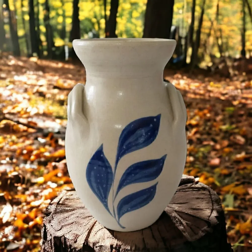 Williamsburg Pottery‎ Vase Two Handled  Blue Leaf Design Spring Summer Flowers.